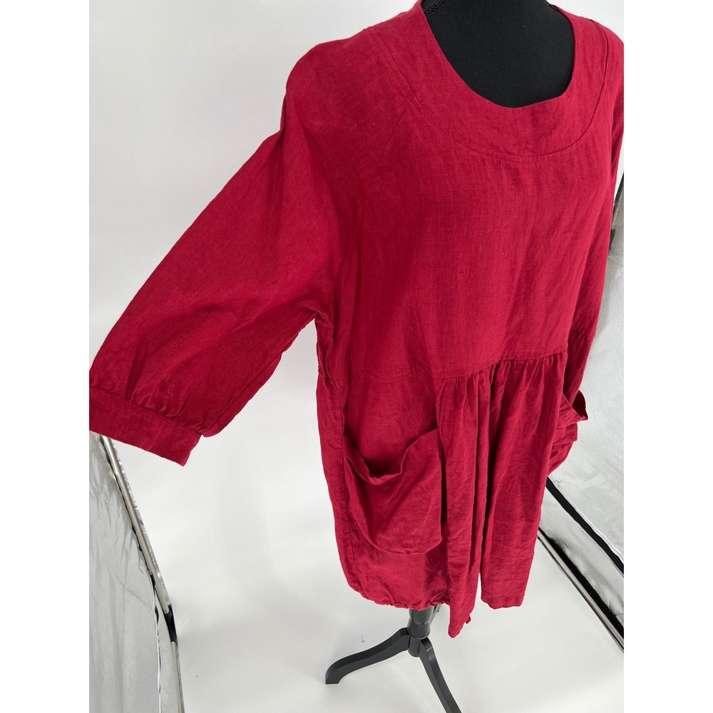 LINENBEE Linen Tunic Dress Women L Red Pockets Lagenlook Pockets Adjustable Hem - Picture 2 of 16